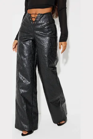 PRETTYLITTLETHING Petite Faux Leather Cracked Effect Lace Up Wide Leg Pants