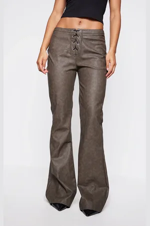 PRETTYLITTLETHING Faux Leather Lace Up Detail Low Rise Straight Leg Pants