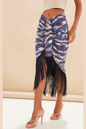 PRETTYLITTLETHING Tiger Print Tassel Hem Midi Skirt