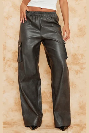 PRETTYLITTLETHING Premium Washed Faux Leather Wide Leg High Waisted Cargo Pants