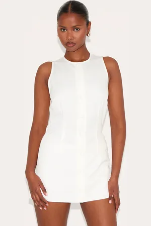 PRETTYLITTLETHING Woven Full Button Down A Line Skort Playsuit