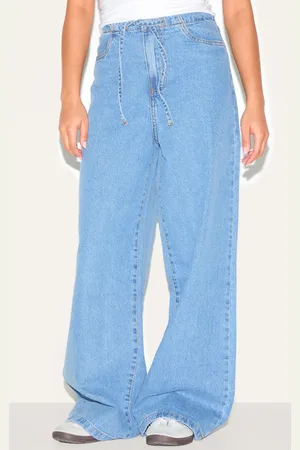 PRETTYLITTLETHING Petite Low Rise Tie Waistband Wide Leg Jeans