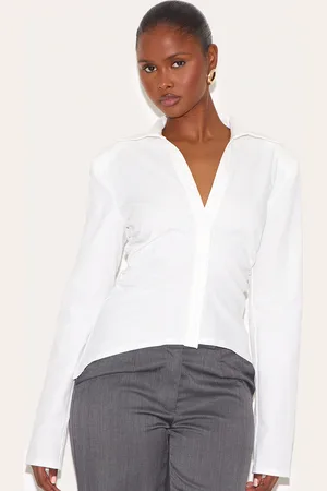 PRETTYLITTLETHING Linen Blend Shoulder Padded Fitted Shirt