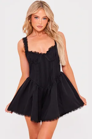 PRETTYLITTLETHING Woven Lace Detail Strappy Playsuit