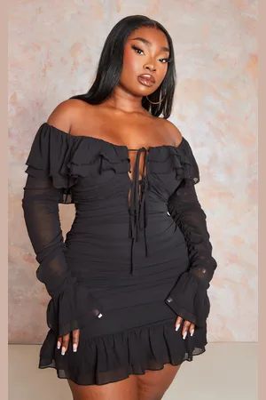 PRETTYLITTLETHING Plus Bardot Ruffle Detail Shift Dress