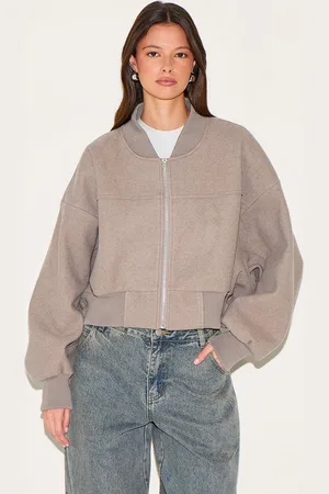 PRETTYLITTLETHING Taupe Ruched Sleeve Cropped Bomber Jacket