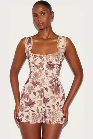 PRETTYLITTLETHING Brown Floral Printed Chiffon Corset Detail Playsuit