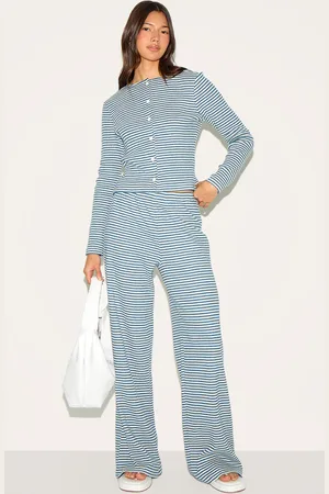PRETTYLITTLETHING Brushed Rib Striped Mid Rise Wide Leg Pants