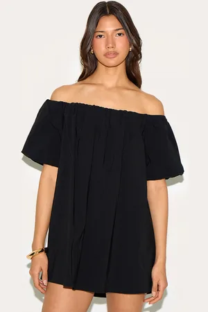 PRETTYLITTLETHING Bardot Puff Sleeve Shift Dress