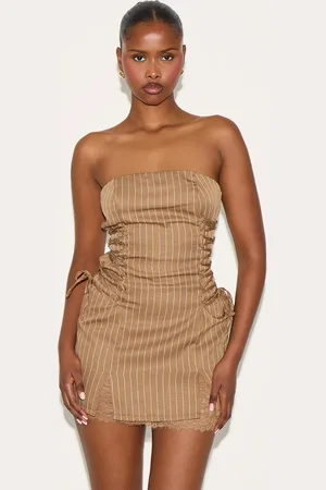 PRETTYLITTLETHING Pinstripe Bandeau Lace Trim Shift Dress