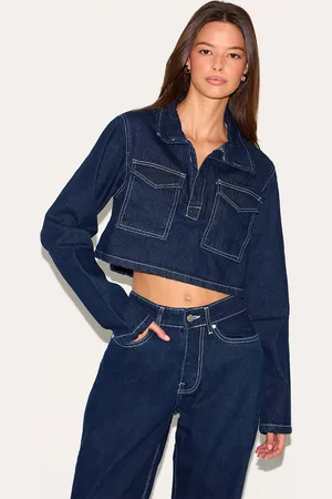 PRETTYLITTLETHING Contrast Stitch Seam Detail Cropped Denim Shirt