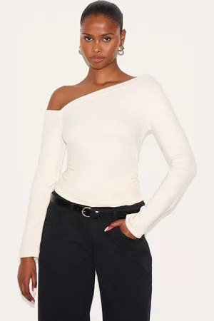 PRETTYLITTLETHING Rib Slouchy Asymmetric Ruched Long Sleeve Top