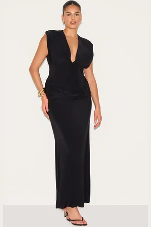 PRETTYLITTLETHING Plus Double Layer Plunge Ruched Shoulder Drape Waist Maxi Dress