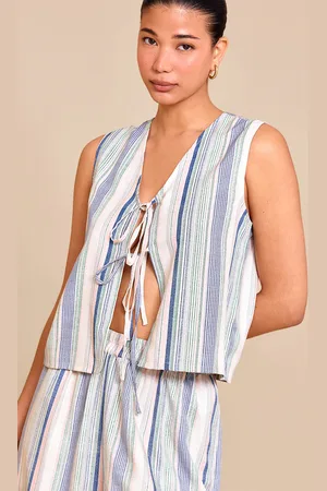 PRETTYLITTLETHING Linen Look Pinstripe Tie Front Waistcoat