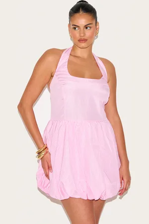PRETTYLITTLETHING Plus Pinstripe Halterneck Puffball Dress