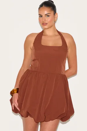 PRETTYLITTLETHING Plus Pinstripe Halterneck Puffball Dress
