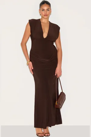 PRETTYLITTLETHING Plus Double Layer Plunge Ruched Shoulder Drape Waist Maxi Dress