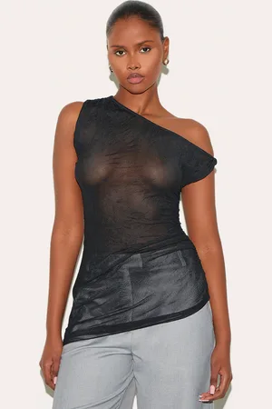 PRETTYLITTLETHING Crinkle Mesh Twist Sleeve Detail Long Top
