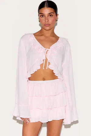 PRETTYLITTLETHING Petite Cheesecloth Ruffle Tie Front Long Sleeve Top