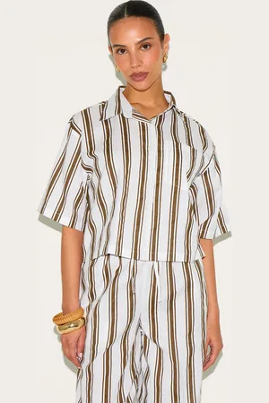 PRETTYLITTLETHING Petite Striped Linen Look Oversized Shirt