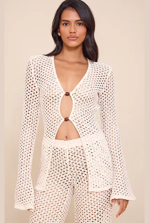 PRETTYLITTLETHING Crochet Bead Detail Long Sleeve Beach Top