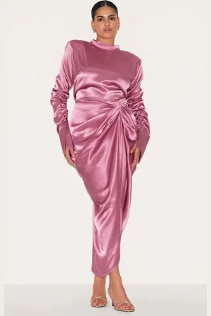 PRETTYLITTLETHING Plus High Neck Ruching Detail Satin Midi Dress