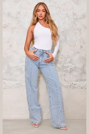 PRETTYLITTLETHING Light Blue Washed Front Seam Detail Wide Leg Jeans