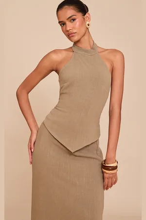 PRETTYLITTLETHING Textured Halterneck Tie Back Top