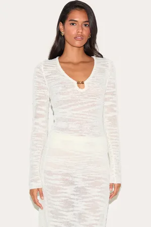 PRETTYLITTLETHING Sheer Bobble Crochet Long Sleeve Beaded Keyhole Cut Out Top