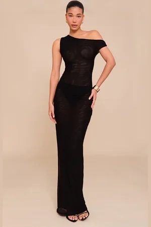 PRETTYLITTLETHING Double Layer Mesh Asymmetric Neck Maxi Dress