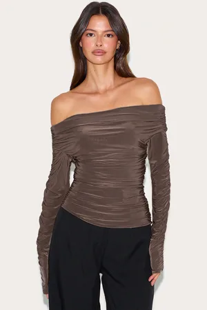 PRETTYLITTLETHING Double Layer Slinky Ruched Detail Bardot Long Sleeve Top