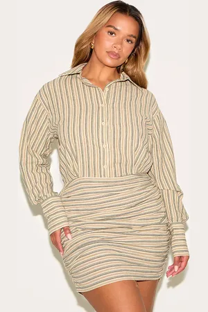 PRETTYLITTLETHING Shape Olive Striped Button Front Ruched Hem Shirt Dress