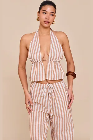 PRETTYLITTLETHING Striped Cotton Halterneck Backless Plunge Top