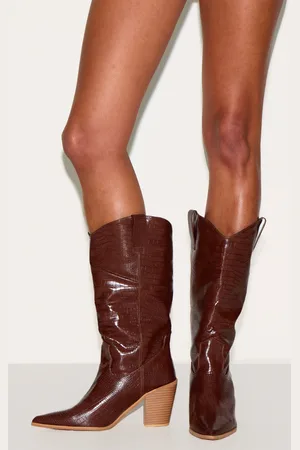 PRETTYLITTLETHING PU Wide Fit Croc Point Toe Knee High Western Boots