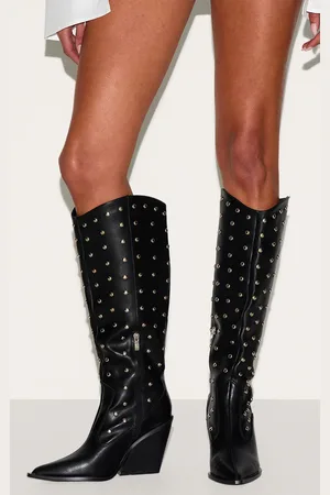 PRETTYLITTLETHING PU Point Toe Silver Stud Knee High Block Heel Western Boots