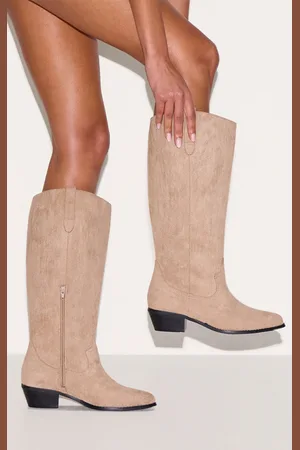 PRETTYLITTLETHING Faux Suede Point Toe Knee High Western Boots