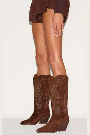 PRETTYLITTLETHING Faux Suede Point Toe Calf High Western Boots