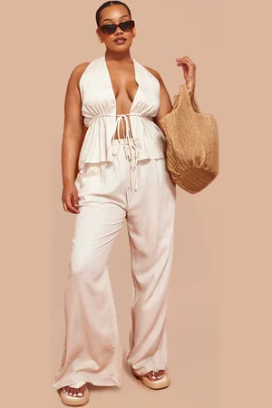 PRETTYLITTLETHING Plus Marl Textured Drawstring Wide Leg Pants