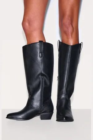 PRETTYLITTLETHING PU Wide Fit Point Toe Knee High Western Boots