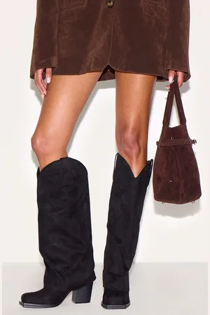 PRETTYLITTLETHING Suede Square Toe Fold Over Knee High Block Heel Western Boots