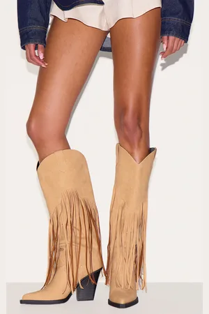 PRETTYLITTLETHING Faux Suede Point Toe Fringed Heel Knee High Western Boots