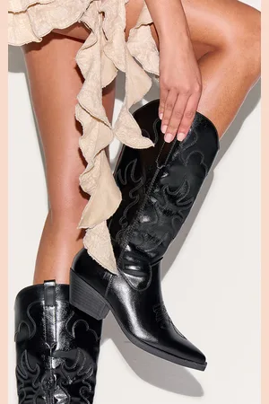 PRETTYLITTLETHING Pu Point Toe Low Block Heel Stitched Western Boots