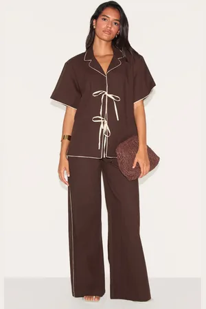 PRETTYLITTLETHING Linen Look Contrast Wide Leg Pants
