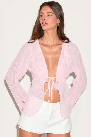 PRETTYLITTLETHING Sheer Plisse Tie Front Flute Sleeve Blouse