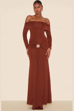 PRETTYLITTLETHING Bardot Long Sleeve Trim Drape Detail Maxi Dress