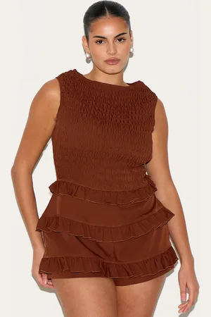 PRETTYLITTLETHING Plus Chocolate Woven Shirred Boat Neck Playsuit