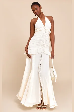 PRETTYLITTLETHING Ruched Frill Halterneck Maxi Dress