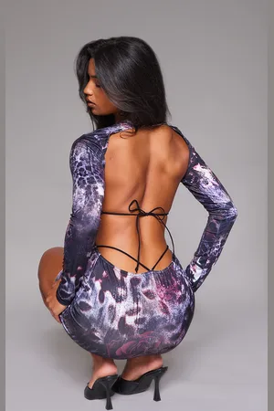 PRETTYLITTLETHING Print Long Sleeve Open Tie Back Mini Dress