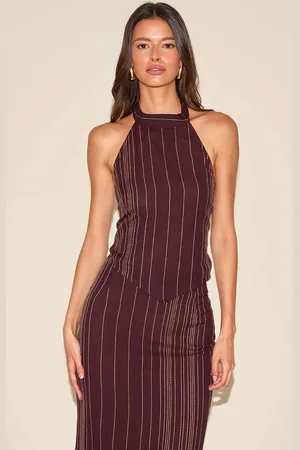 PRETTYLITTLETHING Embroidered Stripe Halterneck Top