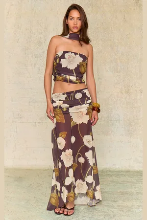 PRETTYLITTLETHING Floral Printed Chiffon Ruched Maxi Skirt